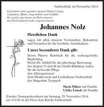 Traueranzeige von Johannes Nolz von Schwäbische Post