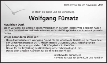 Traueranzeige von Wolfgang Fürsatz von Schwäbische Post