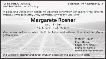 Traueranzeige von Margarete Rosner von Schwäbische Post