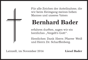 Traueranzeige von Bernhard Bader von Gmünder Tagespost