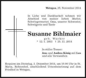 Traueranzeige von Susanne Bihlmaier von Gmünder Tagespost