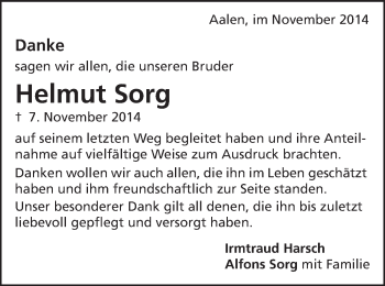 Traueranzeige von Helmut Sorg von Schwäbische Post