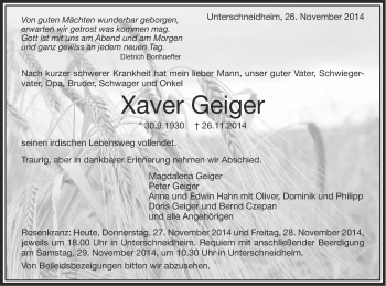 Traueranzeige von Xaver Geiger von Schwäbische Post