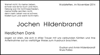Traueranzeige von Jochen Hildenbrandt von Gmünder Tagespost