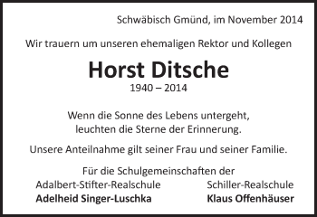 Traueranzeige von Horst Ditsche von Gmünder Tagespost