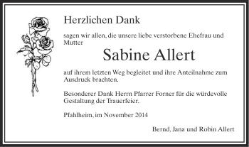 Traueranzeige von Sabine Allert von Schwäbische Post