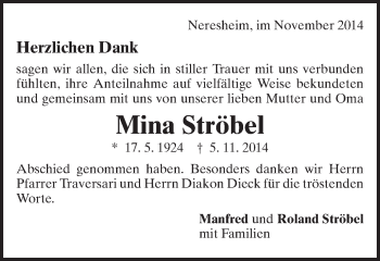 Traueranzeige von Mina Ströbel von Schwäbische Post