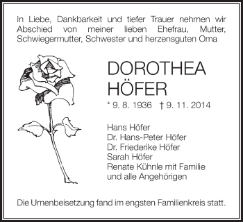 Traueranzeige von Dorothea Höfer von Schwäbische Post
