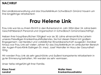 Traueranzeige von Helene Link von Gmünder Tagespost