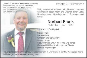 Traueranzeige von Norbert Frank von Schwäbische Post