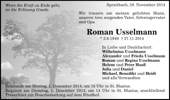 Traueranzeige von Roman Usselmann von Gmünder Tagespost
