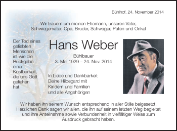 Traueranzeige von Hans Weber von Schwäbische Post