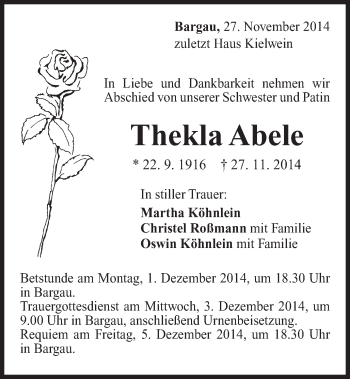 Traueranzeige von Thekla Abele von Gmünder Tagespost