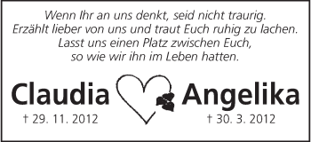 Traueranzeige von Claudia und Angelika  von Gmünder Tagespost