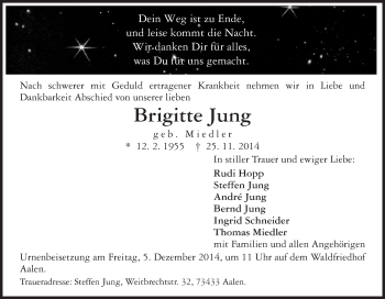 Traueranzeige von Brigitte Jung von Schwäbische Post