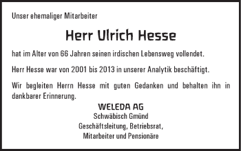 Traueranzeige von Ulrich Hesse von Gmünder Tagespost