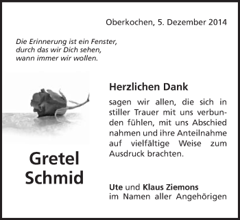 Traueranzeige von Gretel Schmid von Schwäbische Post