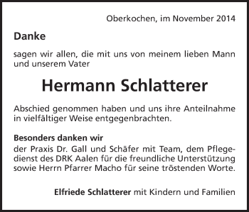 Traueranzeige von Hermann Schlatterer von Schwäbische Post