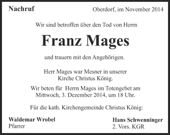 Traueranzeige von Franz Mages von Schwäbische Post