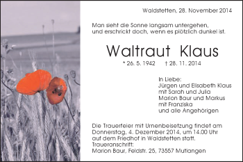Traueranzeige von Waltraut Klaus von Gmünder Tagespost