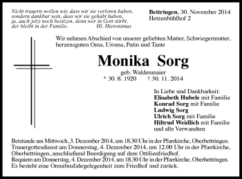 Traueranzeige von Monika Sorg von Gmünder Tagespost