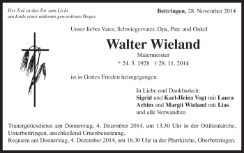 Traueranzeige von Walter Wieland von Gmünder Tagespost