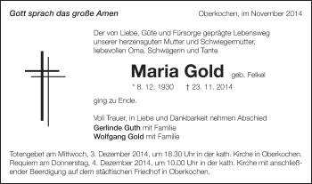 Traueranzeige von Maria Gold von Schwäbische Post