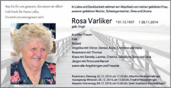 Traueranzeige von Rosa Varliker von Schwäbische Post