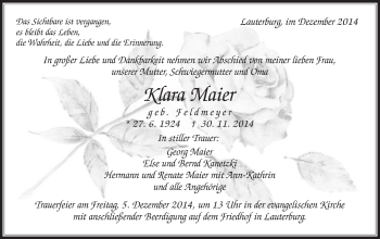 Traueranzeige von Klara Maier von Schwäbische Post