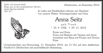 Traueranzeige von Anna Seitz von Schwäbische Post