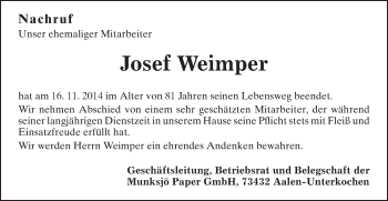 Traueranzeige von Josef Weimper von Schwäbische Post