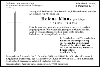Traueranzeige von Helene Klaus von Gmünder Tagespost