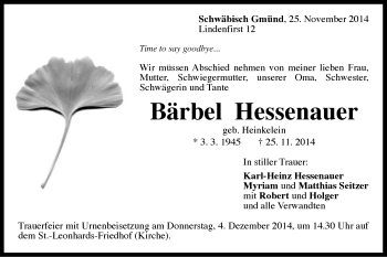 Traueranzeige von Bärbel Hessenauer von Gmünder Tagespost