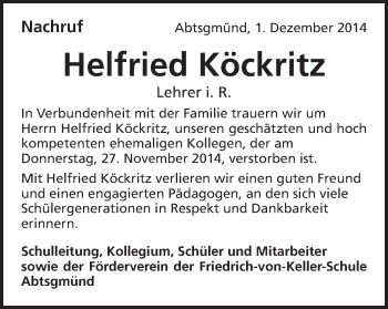 Traueranzeige von Helfried Köckritz von Schwäbische Post