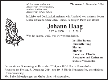Traueranzeige von Johann Haag von Gmünder Tagespost