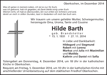 Traueranzeige von Hilde Barth von Schwäbische Post