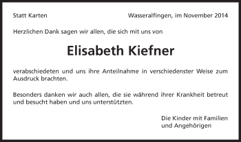 Traueranzeige von Elisabeth Kiefner von Schwäbische Post