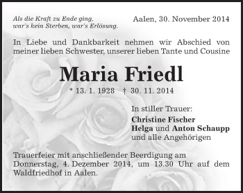 Traueranzeige von Maria Friedl von Schwäbische Post