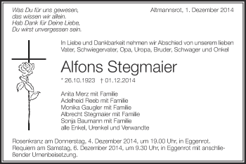 Traueranzeige von Alfons Stegmaier von Schwäbische Post