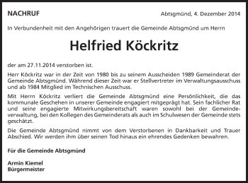 Traueranzeige von Helfried Köckritz von Schwäbische Post