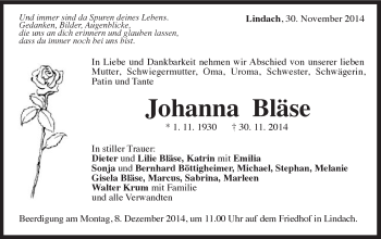 Traueranzeige von Johanna Bläse von Gmünder Tagespost