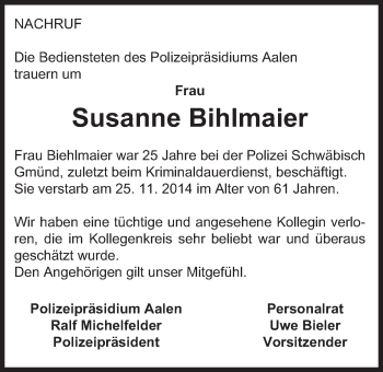Traueranzeige von Susanne Bihlmaier von Gmünder Tagespost