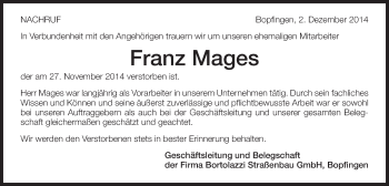 Traueranzeige von Franz Mages von Schwäbische Post
