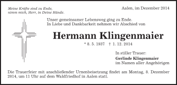 Traueranzeige von Hermann Klingenmaier von Schwäbische Post