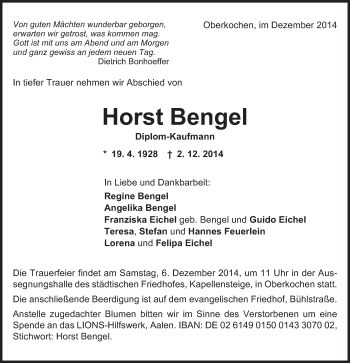 Traueranzeige von Horst Bengel von Schwäbische Post