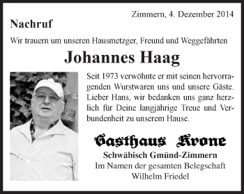 Traueranzeige von Johannes Haag von Gmünder Tagespost