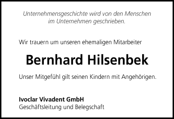Traueranzeige von Bernhard Hilsenbek von Schwäbische Post