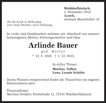 Traueranzeige von Arlinde Bauer von Gmünder Tagespost