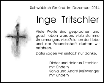 Traueranzeige von Inge Tritschler von Gmünder Tagespost