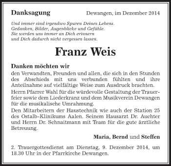 Traueranzeige von Franz Weis von Schwäbische Post